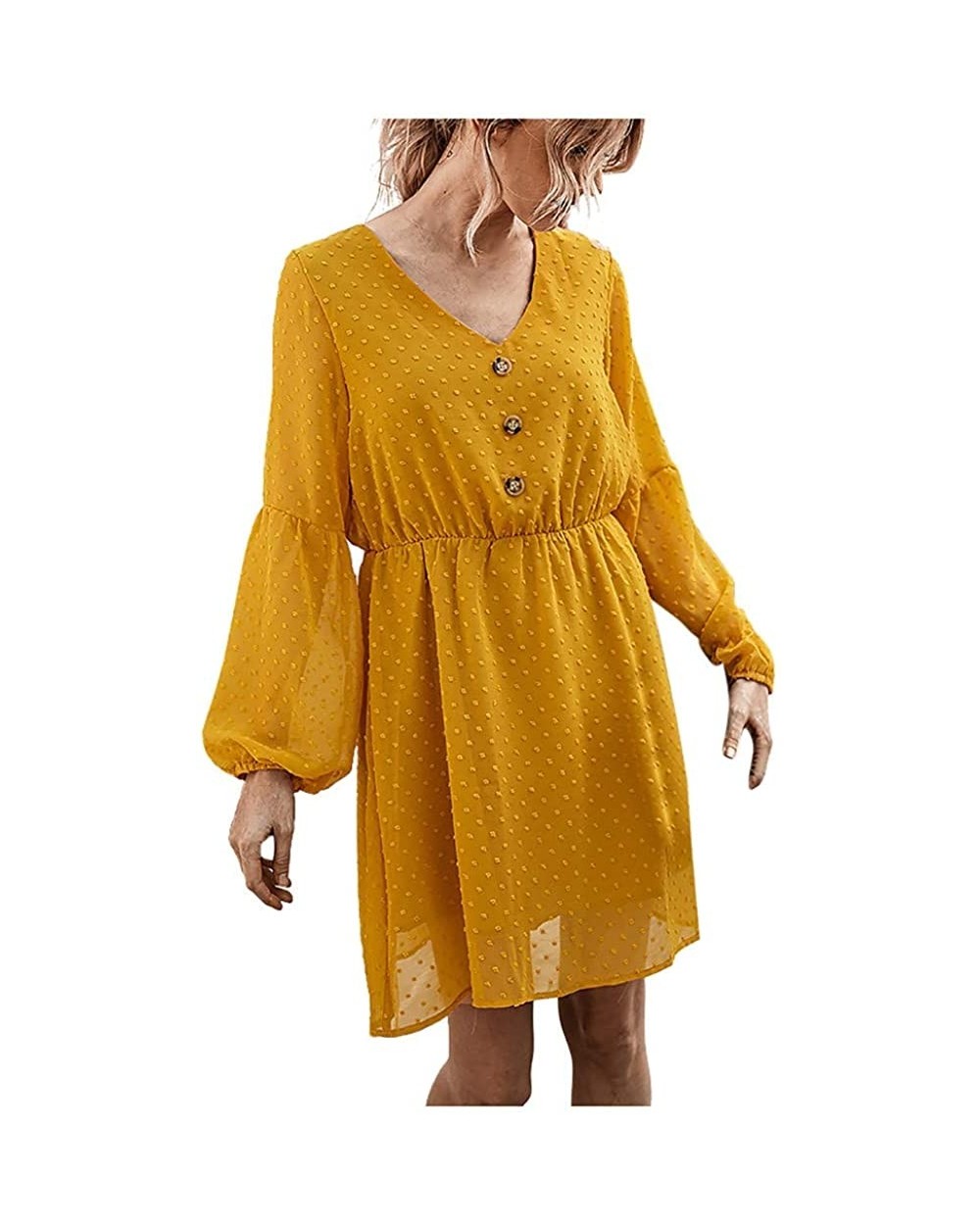 Women Boho Beach Dress Ladies V-Neck Button Long Sleeve Solid Color Slim Mini Short Dresses - Yellow - C3196RIRU37 $34.40 Robes