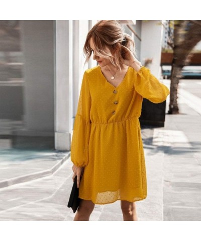 Women Boho Beach Dress Ladies V-Neck Button Long Sleeve Solid Color Slim Mini Short Dresses - Yellow - C3196RIRU37 $34.40 Robes