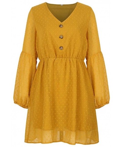 Women Boho Beach Dress Ladies V-Neck Button Long Sleeve Solid Color Slim Mini Short Dresses - Yellow - C3196RIRU37 $34.40 Robes