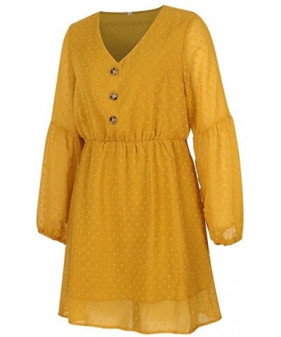 Women Boho Beach Dress Ladies V-Neck Button Long Sleeve Solid Color Slim Mini Short Dresses - Yellow - C3196RIRU37 $34.40 Robes