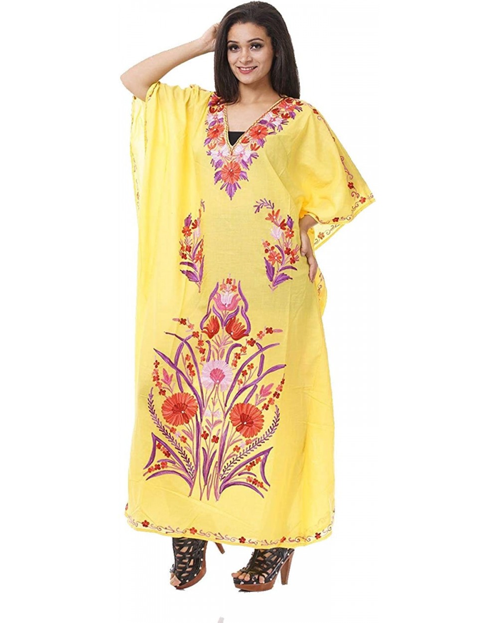 Cotton Kashmiri Kaftan Aari Work Caftan Dress Beach Cover Up - K-qkz - CY18MH98SZX $56.30 Nightgowns & Sleepshirts