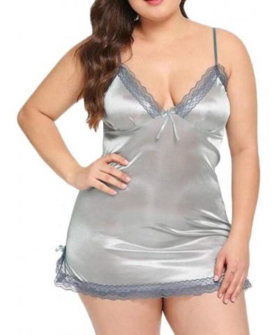 Women Plus Size Pajamas Ladies V-Neck Sling Sleepwear Lace Babydoll Bowknot Lingerie Nightdress - Silver - CZ1949696TX $18.09...