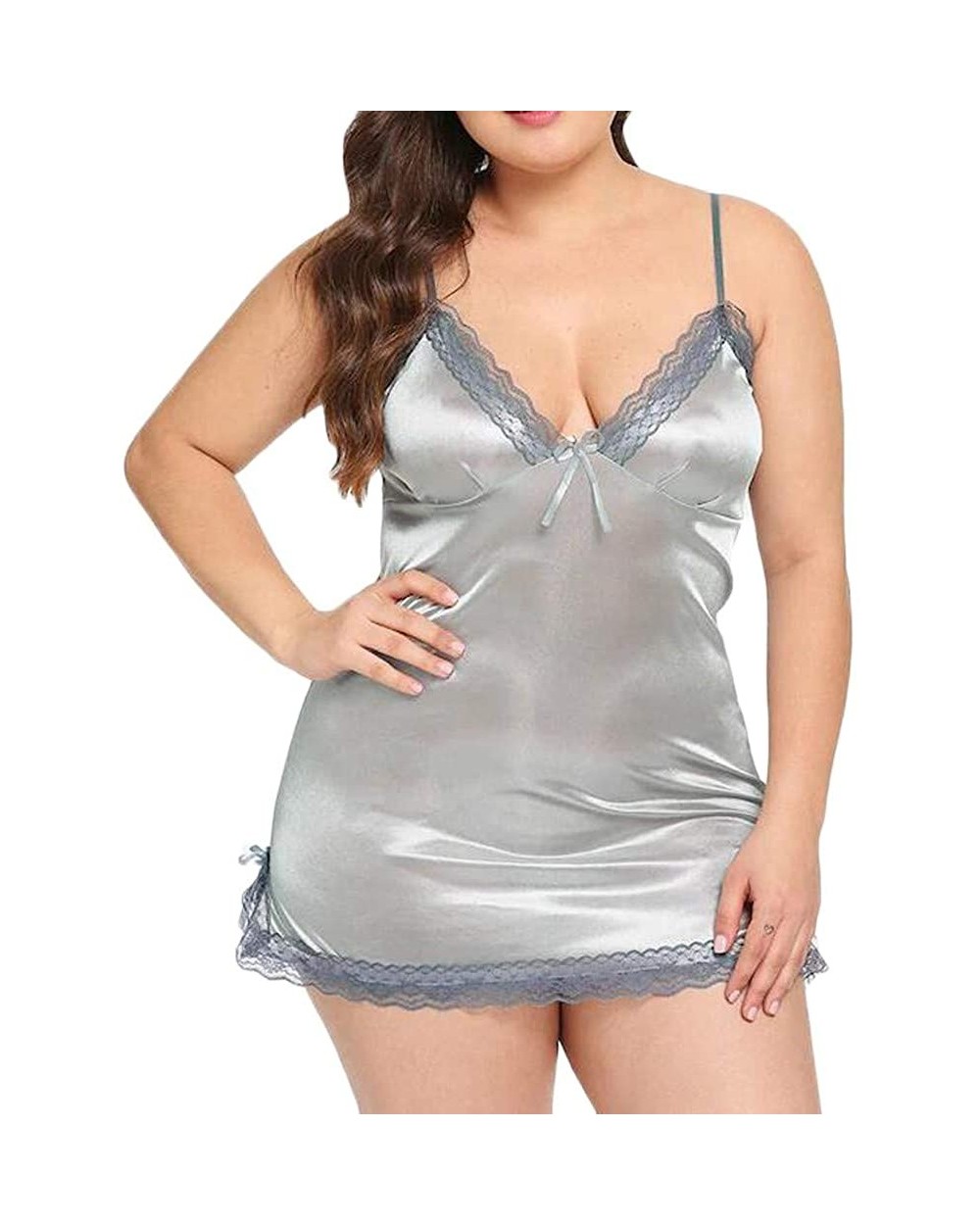 Women Plus Size Pajamas Ladies V-Neck Sling Sleepwear Lace Babydoll Bowknot Lingerie Nightdress - Silver - CZ1949696TX $18.09...