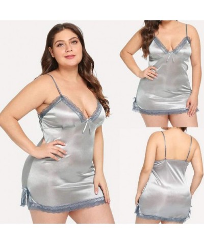 Women Plus Size Pajamas Ladies V-Neck Sling Sleepwear Lace Babydoll Bowknot Lingerie Nightdress - Silver - CZ1949696TX $18.09...