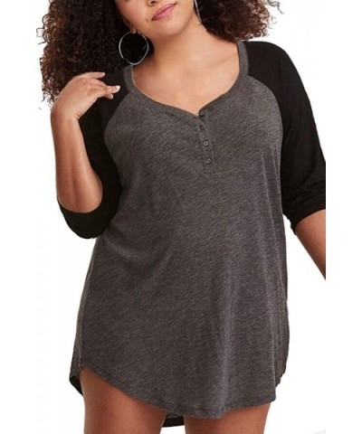 Womens Plus Size Tunic Raglan Henley V Neck 3/4 Sleeve Sleep Shirts Sleepwear Pajamas - Dark Grey - CM18QNKR7LY $29.84 Tops