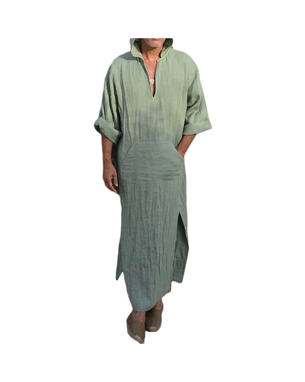 Mens Kaftan Hooded Robe Linen Loungewear V Neck Long Night Gown Shirt Thobe - A-green - CZ18REMYUQ7 $43.94 Robes