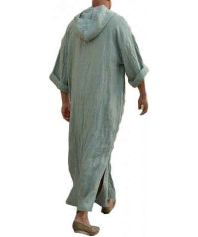 Mens Kaftan Hooded Robe Linen Loungewear V Neck Long Night Gown Shirt Thobe - A-green - CZ18REMYUQ7 $43.94 Robes