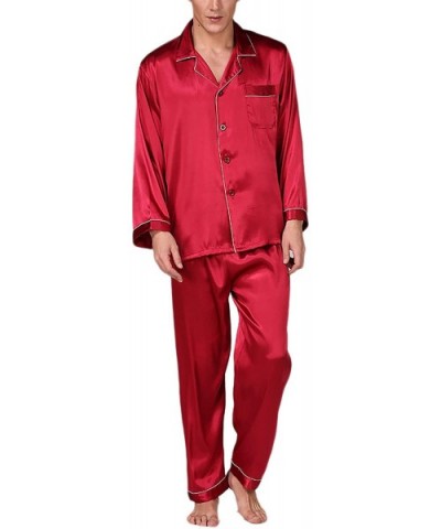 Men's Classic Button-Down Silk Pajama Set Comfy Sleepwear - Red - C018T734ICE $41.49 Sleep Sets