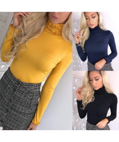 Tops for Women Casual Lace Turtleneck Long Sleeve Blouse Shirt - Blue - C418YG0ADCM $18.81 Tops