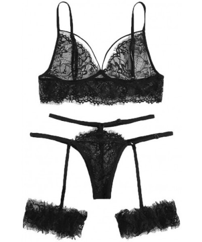 Womens Sexy Exquisite Lace Lingerie Bra+Garter+Briefs Babydoll Cut Out Sleepwear Underpants Pajama Nightwear Black5 - CB18WTZ...