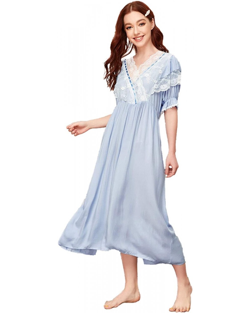 Women's Contrast Lace Half Sleeve Sleepwear Night Dress Nightgown - Blue - CG19CIO9ELR $18.26 Nightgowns & Sleepshirts