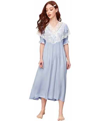 Women's Contrast Lace Half Sleeve Sleepwear Night Dress Nightgown - Blue - CG19CIO9ELR $18.26 Nightgowns & Sleepshirts