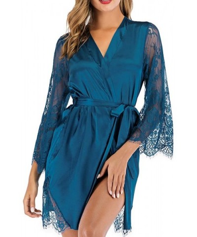 Women's Sleepwear Kimono Robe Lace Satin Silk Lingerie V-Neck Short Bridesmaids Robe Bathrobe - Blue - C81937NAZI0 $29.38 Nig...