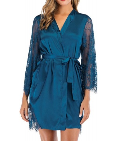 Women's Sleepwear Kimono Robe Lace Satin Silk Lingerie V-Neck Short Bridesmaids Robe Bathrobe - Blue - C81937NAZI0 $29.38 Nig...