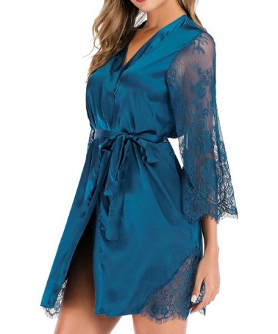 Women's Sleepwear Kimono Robe Lace Satin Silk Lingerie V-Neck Short Bridesmaids Robe Bathrobe - Blue - C81937NAZI0 $29.38 Nig...