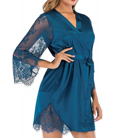 Women's Sleepwear Kimono Robe Lace Satin Silk Lingerie V-Neck Short Bridesmaids Robe Bathrobe - Blue - C81937NAZI0 $29.38 Nig...