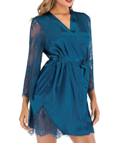 Women's Sleepwear Kimono Robe Lace Satin Silk Lingerie V-Neck Short Bridesmaids Robe Bathrobe - Blue - C81937NAZI0 $29.38 Nig...