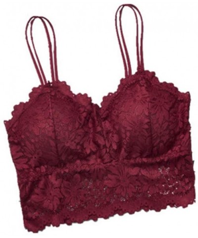 Lace Bralette for Women Lace Bralette with Straps Removable Pads Lace Bandeau Bra with Straps for Women Girls - Wine Red - CV...