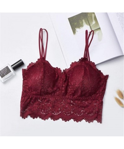 Lace Bralette for Women Lace Bralette with Straps Removable Pads Lace Bandeau Bra with Straps for Women Girls - Wine Red - CV...