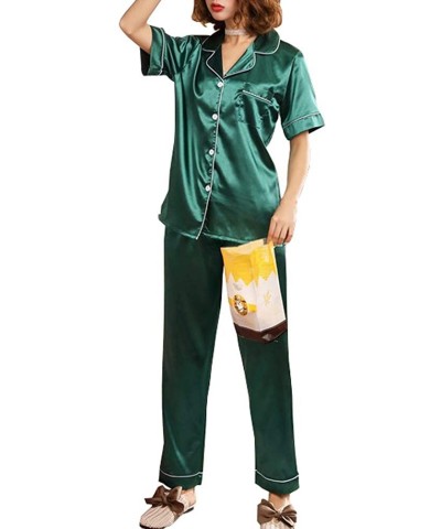 Womens Silk Satin Pajamas Set Short Sleeve Sleepwear Loungewear - Green - CR18OAN0I73 $24.32 Sets