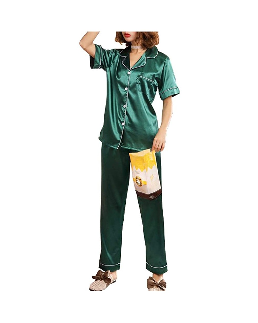 Womens Silk Satin Pajamas Set Short Sleeve Sleepwear Loungewear - Green - CR18OAN0I73 $24.32 Sets