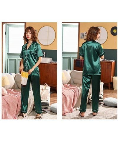 Womens Silk Satin Pajamas Set Short Sleeve Sleepwear Loungewear - Green - CR18OAN0I73 $24.32 Sets