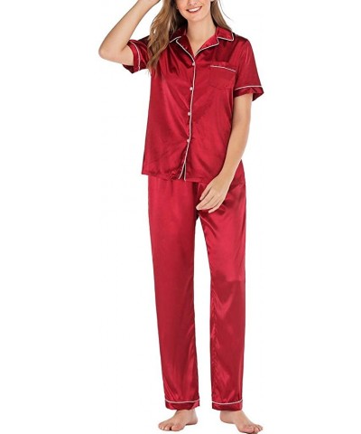 Women's Casual Short Sleeve Button Pocket Blouse Sleepwear Trousers Nightwear Suit - Red - C619840DGUZ $35.98 Tops