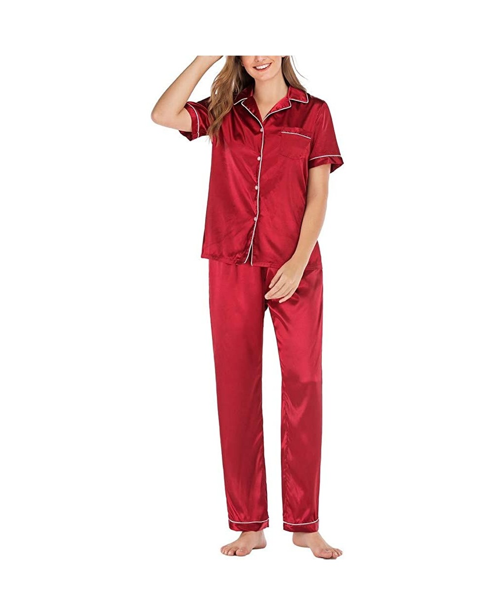 Women's Casual Short Sleeve Button Pocket Blouse Sleepwear Trousers Nightwear Suit - Red - C619840DGUZ $35.98 Tops