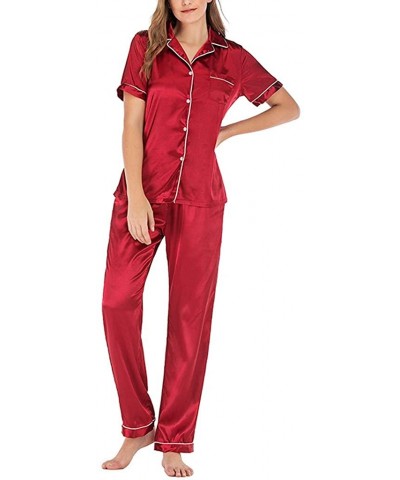 Women's Casual Short Sleeve Button Pocket Blouse Sleepwear Trousers Nightwear Suit - Red - C619840DGUZ $35.98 Tops