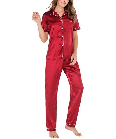 Women's Casual Short Sleeve Button Pocket Blouse Sleepwear Trousers Nightwear Suit - Red - C619840DGUZ $35.98 Tops