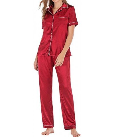 Women's Casual Short Sleeve Button Pocket Blouse Sleepwear Trousers Nightwear Suit - Red - C619840DGUZ $35.98 Tops