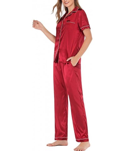 Women's Casual Short Sleeve Button Pocket Blouse Sleepwear Trousers Nightwear Suit - Red - C619840DGUZ $35.98 Tops