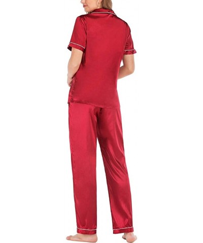 Women's Casual Short Sleeve Button Pocket Blouse Sleepwear Trousers Nightwear Suit - Red - C619840DGUZ $35.98 Tops