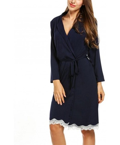 Womens Cotton Robe Soft Kimono Spa Knit Bathrobe Lightweight Long - Navy Blue - CF18I3A5S9C $36.96 Robes