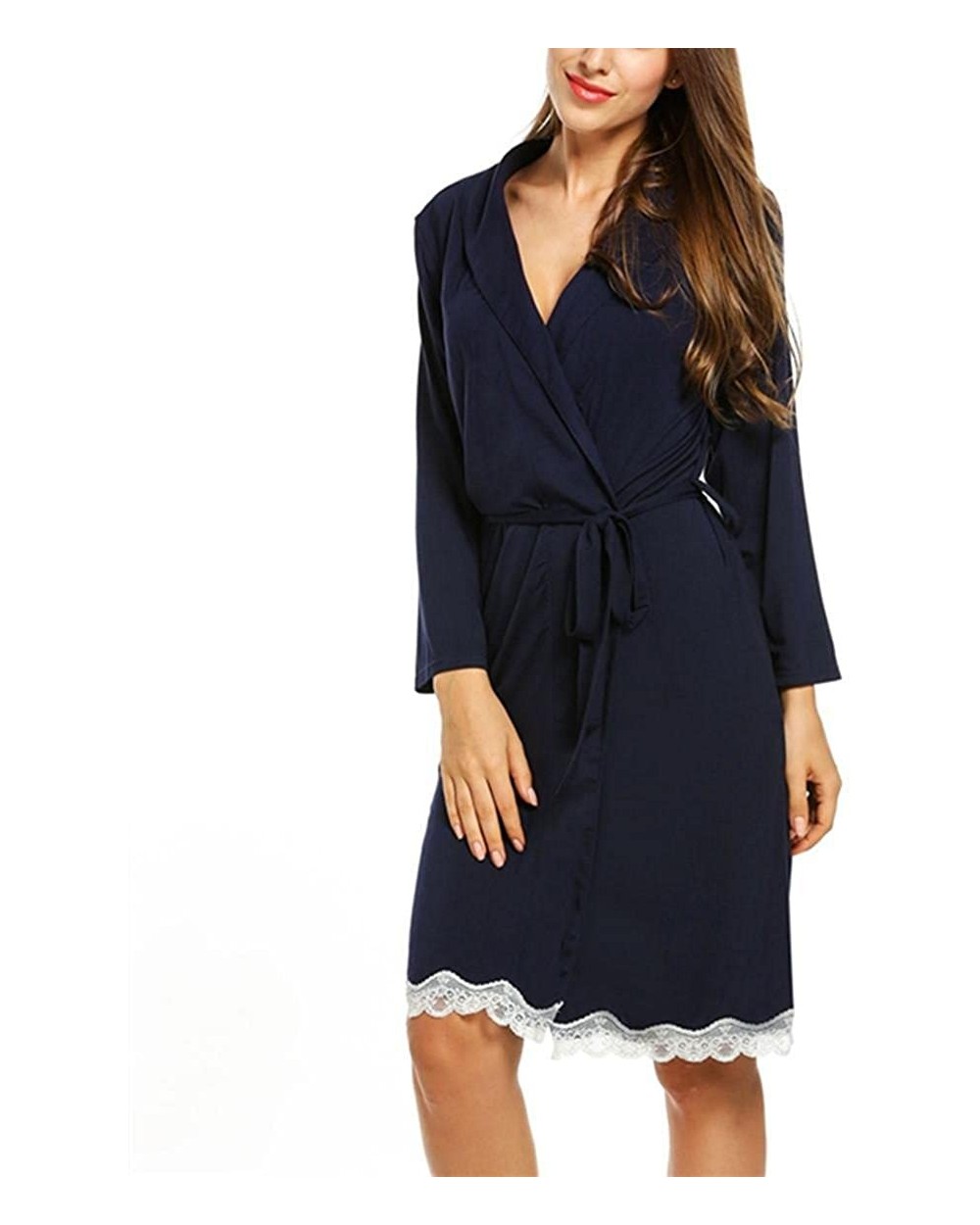 Womens Cotton Robe Soft Kimono Spa Knit Bathrobe Lightweight Long - Navy Blue - CF18I3A5S9C $36.96 Robes