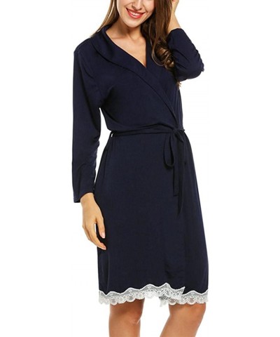 Womens Cotton Robe Soft Kimono Spa Knit Bathrobe Lightweight Long - Navy Blue - CF18I3A5S9C $36.96 Robes