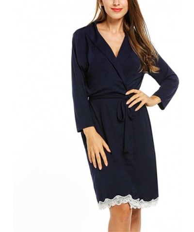 Womens Cotton Robe Soft Kimono Spa Knit Bathrobe Lightweight Long - Navy Blue - CF18I3A5S9C $36.96 Robes