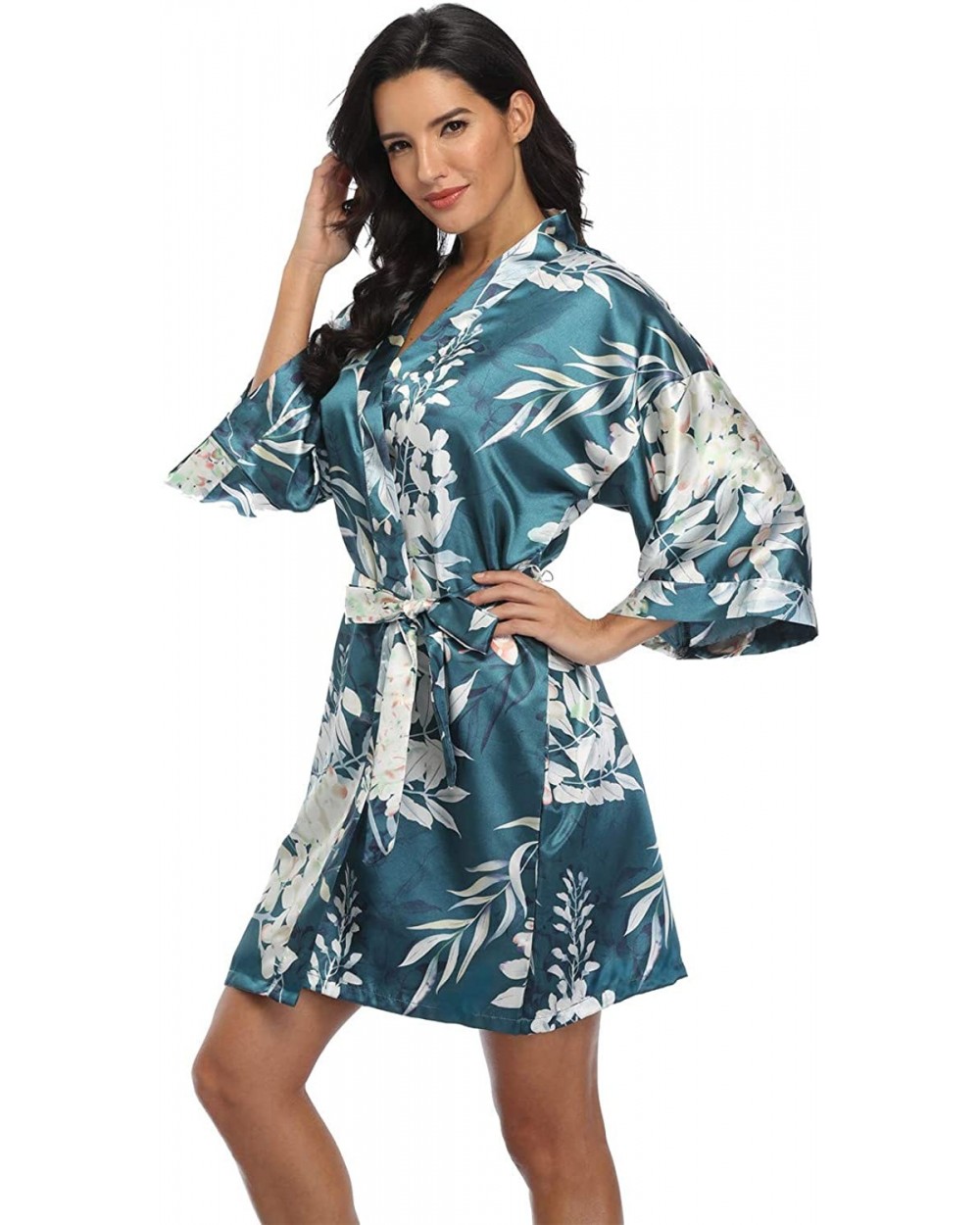 Women's Pure Short Silky Robes Bridesmaid Bride Party Satin Robes Sleepwear - Dark Green Floral 2 - CN199KAKZA2 $23.17 Robes