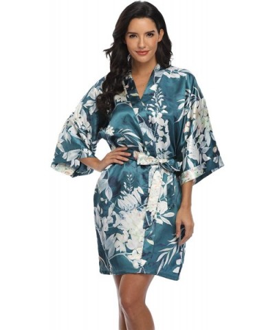 Women's Pure Short Silky Robes Bridesmaid Bride Party Satin Robes Sleepwear - Dark Green Floral 2 - CN199KAKZA2 $23.17 Robes