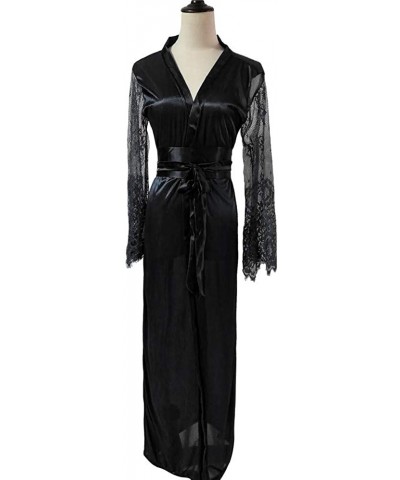 Lingerie Nightgowns for Women Silky Satin Sexy Lace Sleepwear Nightwear Pajamas Suit with Belt Clubwear - Black1 - CK18Y9REKQ...