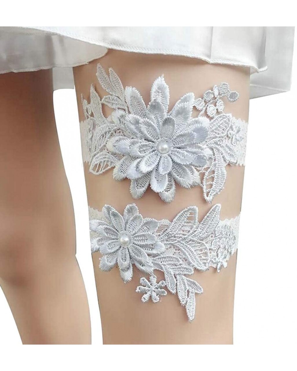 Bride 2 Pieces Flower Garter Belts Wedding Garter Set Womens Lace Design - Gray - C618WXWQS92 $23.66 Garters & Garter Belts