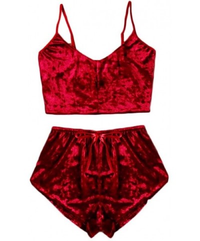 Lingerie for Women for Sex New Womens Sexy Lingerie Velvet Camisole Bow Shorts Set Plus Size Bra Underwear Wine - C218AHGYTLA...