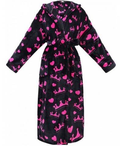 Women's Hooded Printed Flannel Fleece Bathrobe w/Side Pockets-Assorted Patterns - Pink Crowns - Black - CK184HYX3UH $54.48 Robes