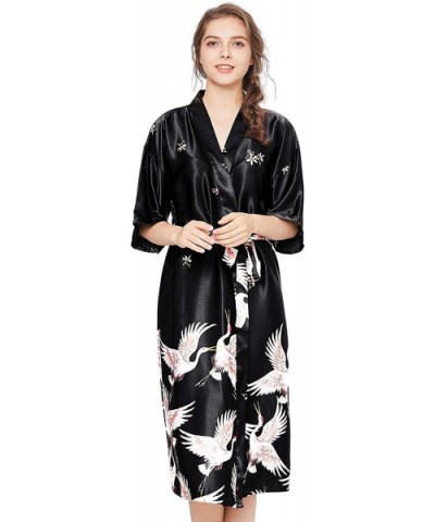 Women's Kimono Robes Satin Long Robe Silk Blossoms Bride Bridesmaid Wedding Party Nightwear - Black - CP18RUG65LG $24.49 Robes