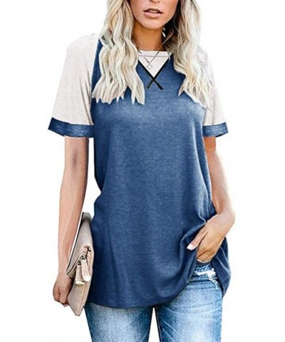 Women's Short Sleeve Crew Neck Contrast Hit Color Casual Loose Patchwork T-Shirts Tops Blouses - Blue Tee Shirt - CW199LO2UY0...