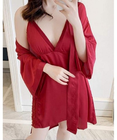 Women's Sexy Solid-Colored Sling Cozy 2 Piece Daily Sleepwear - Wine Red - CC199UCM5SX $59.40 Nightgowns & Sleepshirts