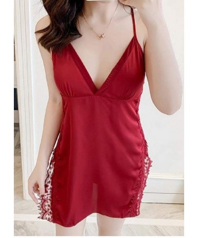 Women's Sexy Solid-Colored Sling Cozy 2 Piece Daily Sleepwear - Wine Red - CC199UCM5SX $59.40 Nightgowns & Sleepshirts