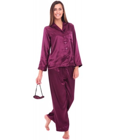Women's Button Down Satin Pajama Set with Sleep Mask- Long Silky Pjs - Deep Purple - CW115914MPV $63.66 Sets