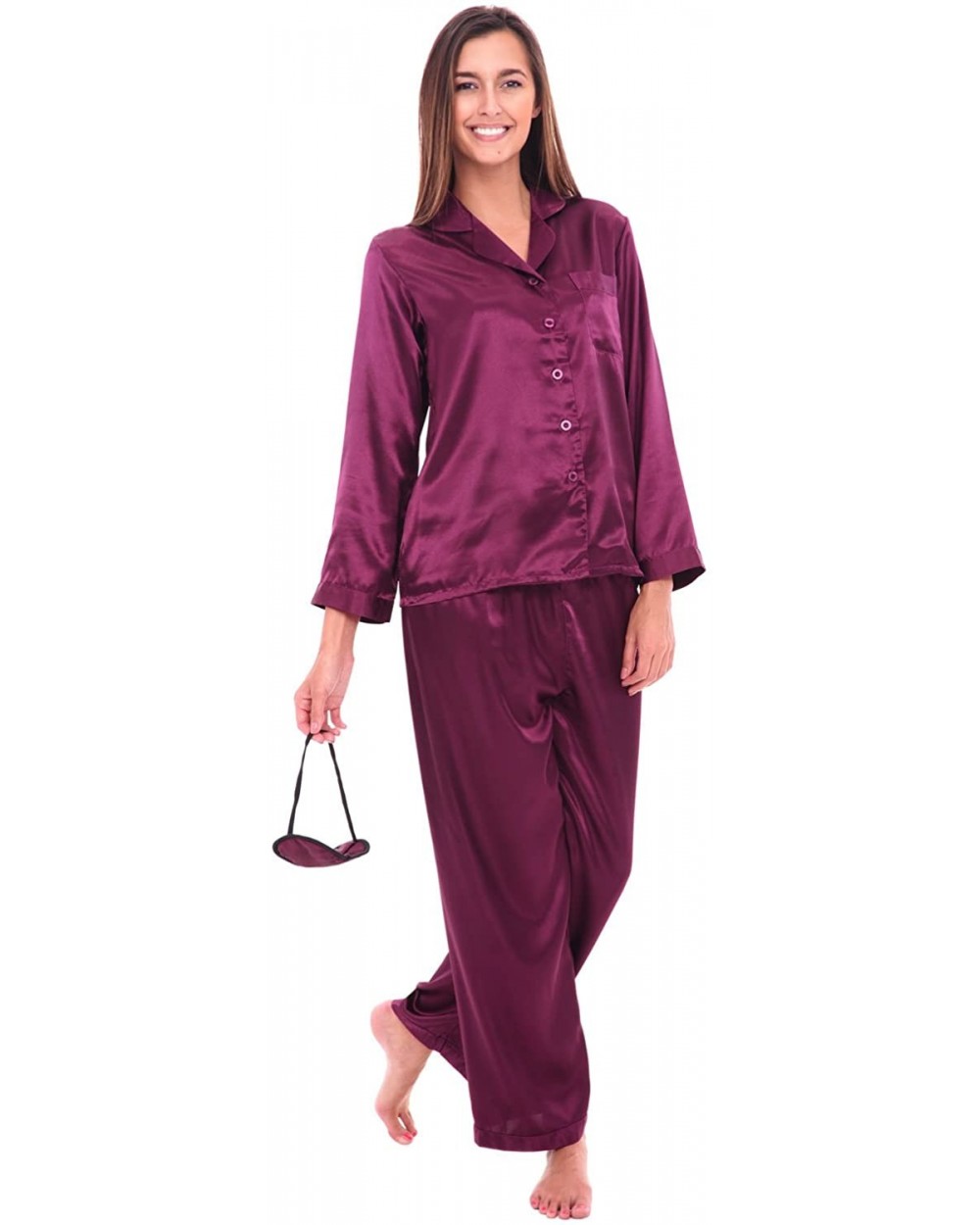 Women's Button Down Satin Pajama Set with Sleep Mask- Long Silky Pjs - Deep Purple - CW115914MPV $63.66 Sets