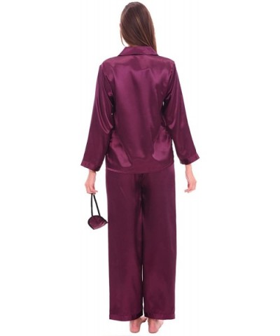 Women's Button Down Satin Pajama Set with Sleep Mask- Long Silky Pjs - Deep Purple - CW115914MPV $63.66 Sets